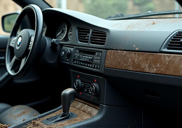 BMW M5 interior with dusty vents and stained leather
