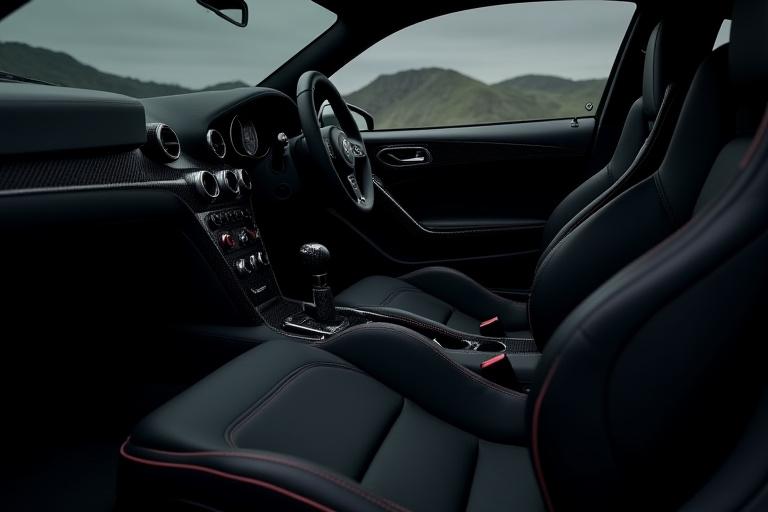 Interno di un'auto sportiva con finiture in fibra di carbonio e Alcantara